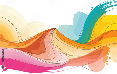 Modern abstract background with fluid wave forms in electric blue, violet, and yellow. Features scattered paint droplets, flowing lines, soft lighting for dynamic depth and energy. Isolated 