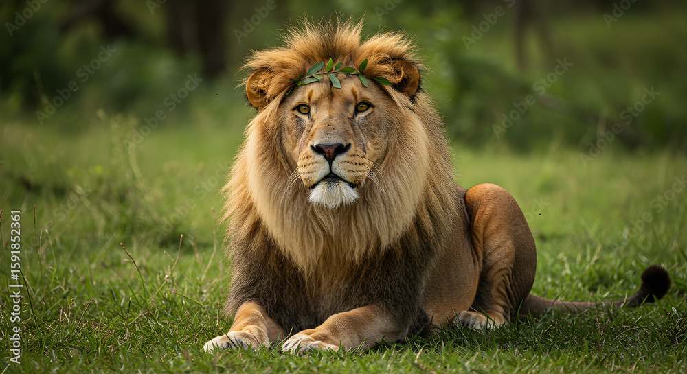 Obraz premium Majestic Lion with Leaf Crown in Grassy Meadow – 70mm Shallow Focus