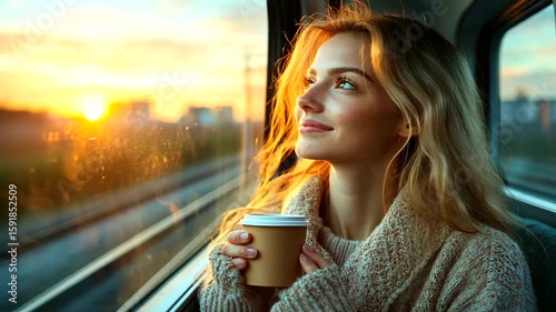Woman enjoying a scenic train ride at sunset with coffee, reflecting on a journey
