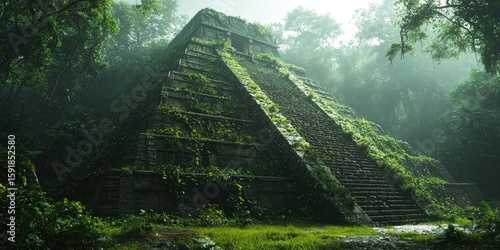 Stone pyramid structure covered with vines stands in dense misty jungle surrounded by tall trees and undergrowth. Generative by AI.