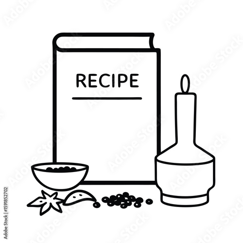 Line art illustration of a recipe book on a stand with spices