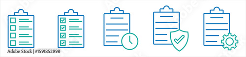 Checklist and Task Management Icons — Document, Time, Security, and Settings Symbols