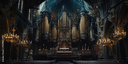Large baroque pipe organ with ornate gilded carvings and towering pipes set inside richly decorated church interior with arches and chandeliers. Generative by AI.