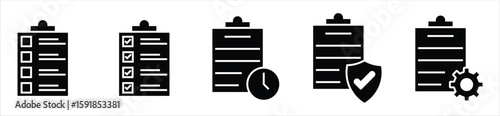 Checklist and Task Management Icons — Document, Time, Security, and Settings Symbols