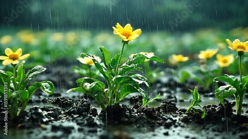 Yellow flowers bloom in the rain, creating a scene of tranquility and nature's beauty