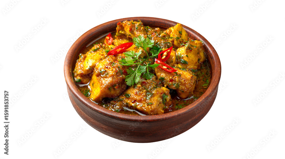 Fototapeta premium Delicious Chicken Curry in Clay Bowl Spicy Food Dish