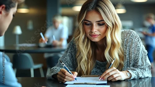 Young woman at a business meeting taking notes, close-up of working atmosphere
