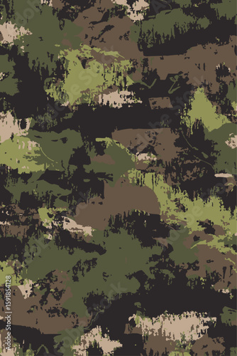 Stylized camouflage pattern with a unique brushed texture. The vertical smudging of classic woodland colors creates a distinct, organic look, ideal for modern tactical apparel or abstract projects.