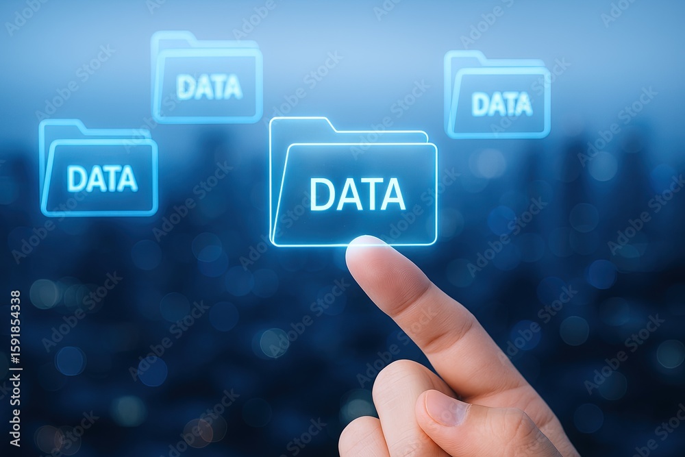 Obraz premium Futuristic digital data transfer concept with glowing data icons and hand interaction.