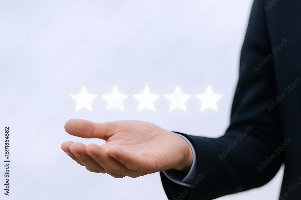 Fototapeta premium Businesswoman in formal suit holding digital star rating display over light background.