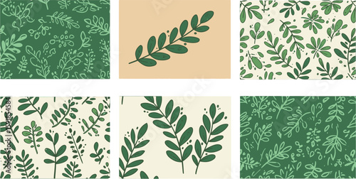 Vector art of seamless botanical patterns featuring green leaves and floral elements, perfect for backgrounds and textile designs isolated on transparent background
