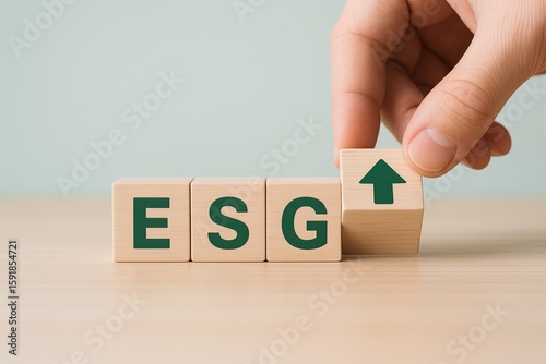 Hand placing wooden block with upward arrow next to blocks spelling ESG on table.