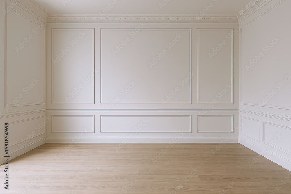 Fototapeta premium Bright empty room with beige wooden flooring and white paneled walls for interior design.