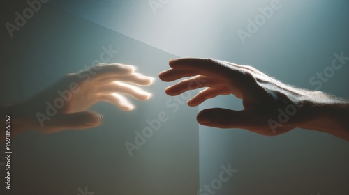 Human hand and its reflection on a luminous surface, a symbolic representation of connection or interaction, a concept of duality