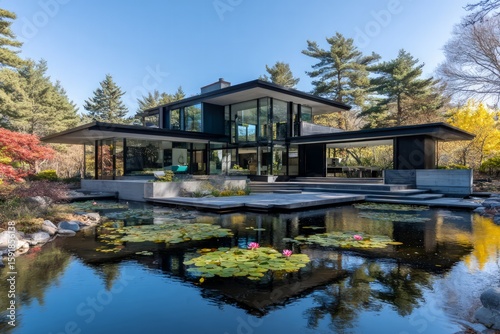Modern House Exterior With Pond And Lush Landscape