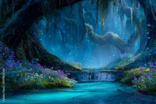 Magical Forest Pathway With Glowing Flowers And Stream