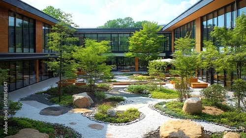 Zen Garden and Modern Architecture Harmonious Blend, Tranquil Landscape Design