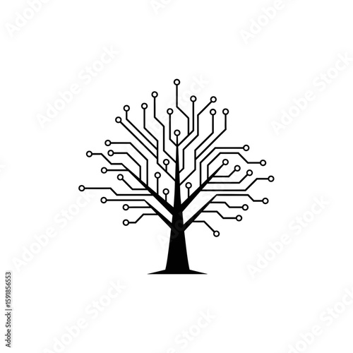 Abstract digital tree illustration with circuit board branches and connections, symbolizing technology and growth on a white background.