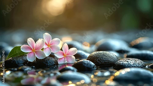 Zen garden background with plumeria flowers and smooth stones for relaxation and meditation