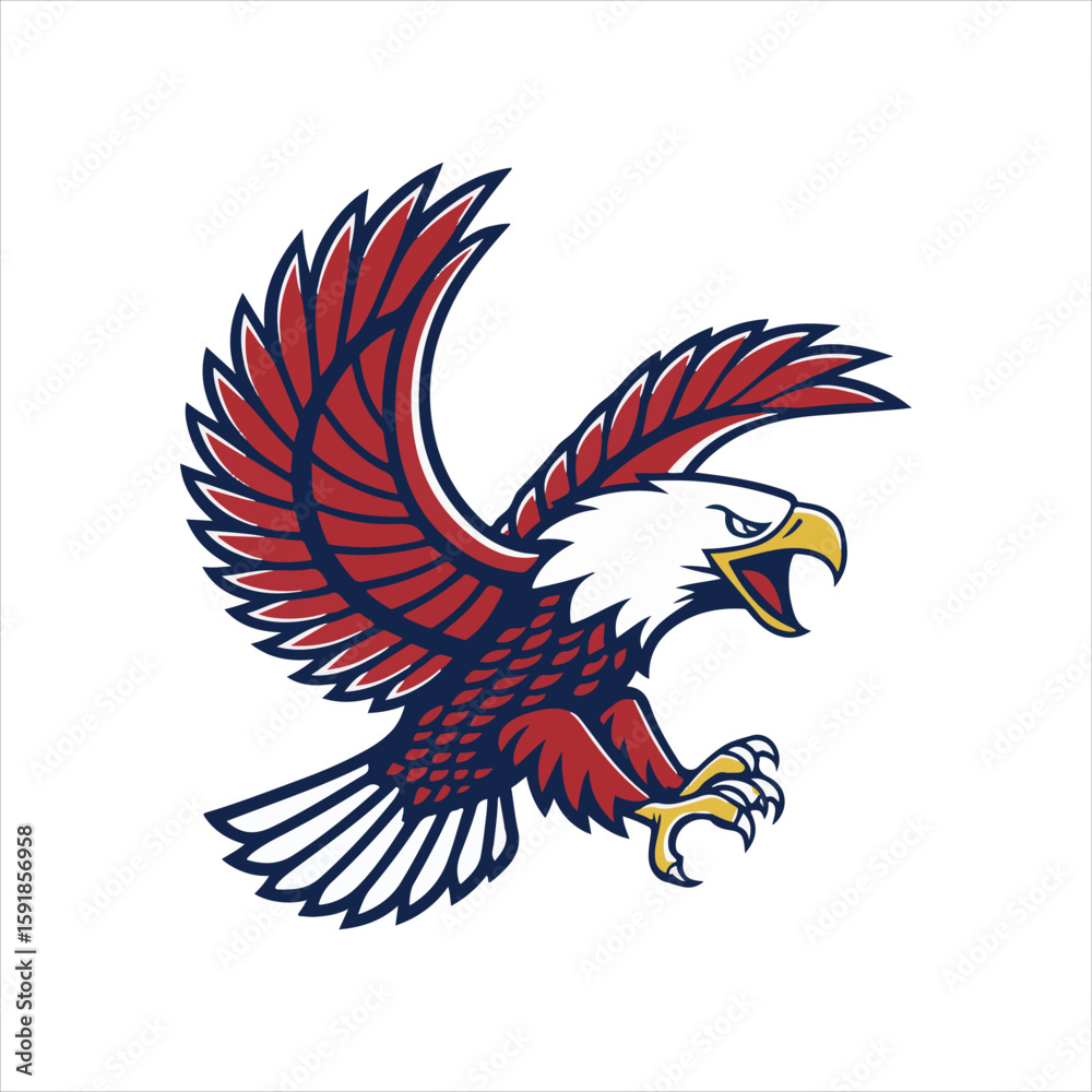 Obraz premium Fierce flying eagle mascot illustration with open wings and sharp claws in aggressive attack pose
