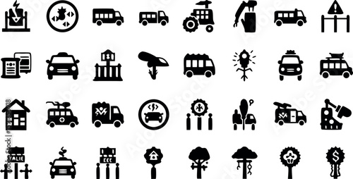 Vector icons of transportation vehicles and city infrastructure elements for web and graphic design use