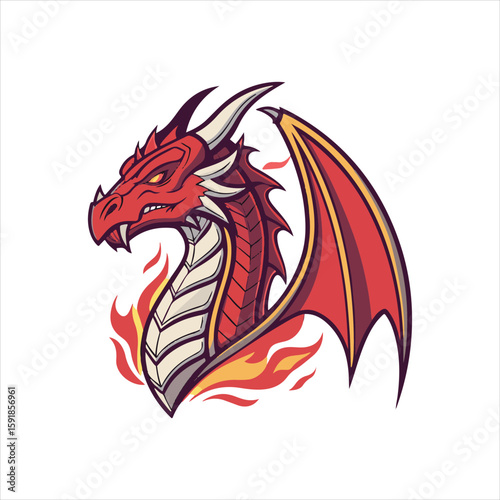 Fire breathing dragon head vector illustration in red and orange tones for fantasy or gaming concept