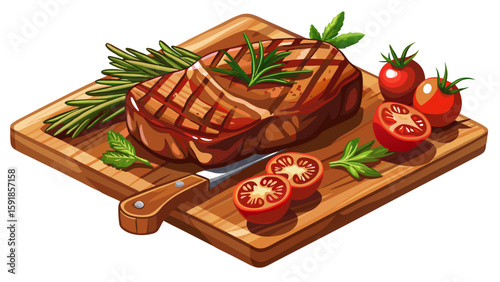 Grilled beef steak on wooden board isolated on white background with tomatoes and rosemary