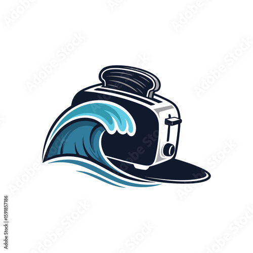 Surfing Toaster Wave Ride. A whimsical illustration depicting a kitchen appliance skillfully gliding on an ocean swell. This unique design embodies fun, humor, and an adventurous spirit.