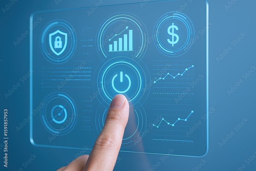 Fototapeta premium Modern digital interface with security, analytics, power, growth, and technology icons.