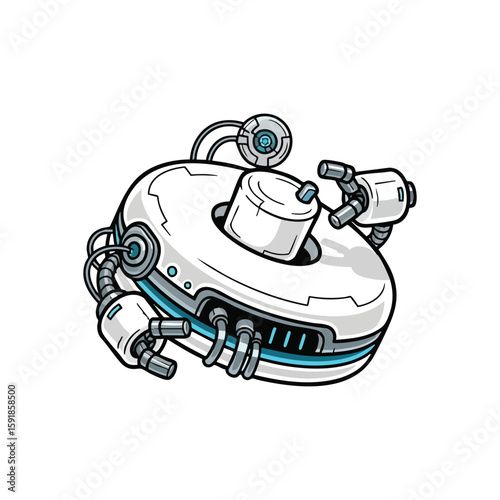 Modern Tech Service Drone. This innovative automated unit features a sleek, circular design with flexible manipulators, embodying progress and efficiency.