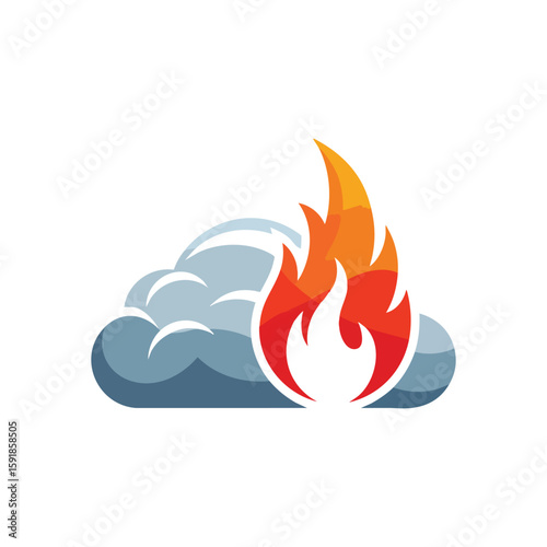 Cloud Computing Hot Alert. Vibrant graphic showing a data storage symbol engulfed in a flame. Represents cybersecurity threats, system overloads, and dynamic network operations.