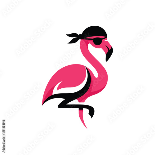 Pirate Flamingo Icon. A vibrant avian character, this tropical bird sports a black eyepatch and bandana, embodying adventure and playful rebellion.