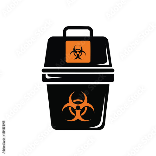 Hazardous Material Disposal Container. A black receptacle features vibrant orange biohazard symbols, signifying the secure containment and proper management of dangerous substances. Vital for health.