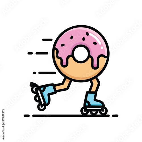 Speedy Donut Roller Skater. An animated sugary treat swiftly glides on inline wheels, conveying motion and a playful, energetic spirit. Perfect for various joyful concepts.