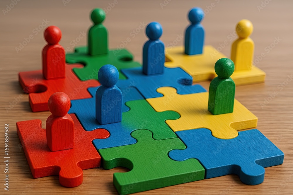 Obraz premium Colorful Wooden Puzzle Pieces with Human Figures Interconnected for Teamwork.