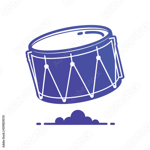 Floating Blue Drum Music Graphic. A vibrant azure percussion instrument hovers above a stylized ground, evoking feelings of lively melody, rhythm, and festive energy.