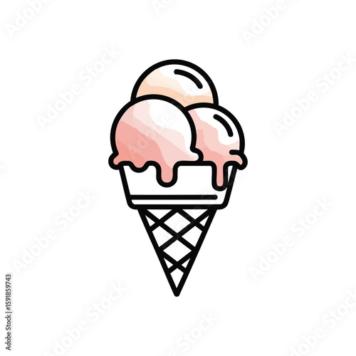 Sweet Ice Cream Cone Delight. Joyful graphic depicts triple pastel frozen treats in a waffle cup. Symbolizes refreshing moments and simple pleasures of warm seasons.