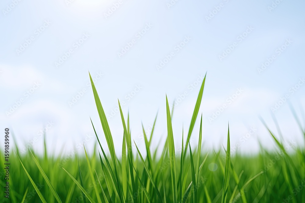 Obraz premium Fresh green grass blades growing under blue sky with soft clouds in nature scene.