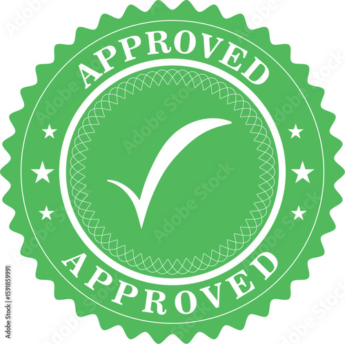 Green Circular Approved Seal with White Checkmark and Interlocking Border Design