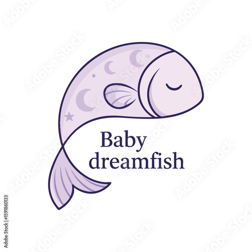 Sweet Dreamfish Illustration. This serene lavender fish, adorned with crescent moons and a star, embodies peaceful slumber and childhood imagination, ideal for gentle themes.