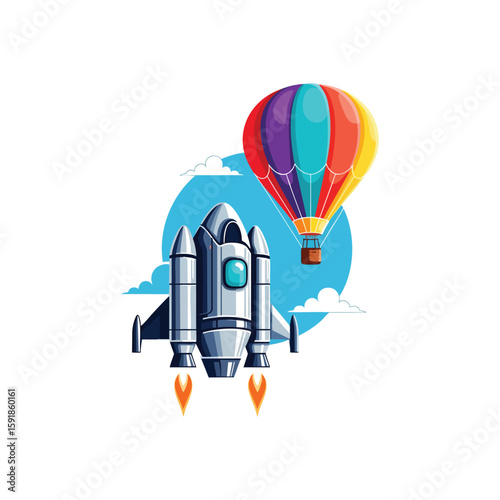 Rocket Launch and Colorful Balloon. Dynamic illustration of a futuristic spacecraft ascending near a vibrant aerostat in a clear sky, symbolizing innovation and adventure.