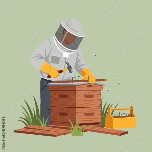 Beekeeper Constructing Wooden Beehive with Hammer Outdoors