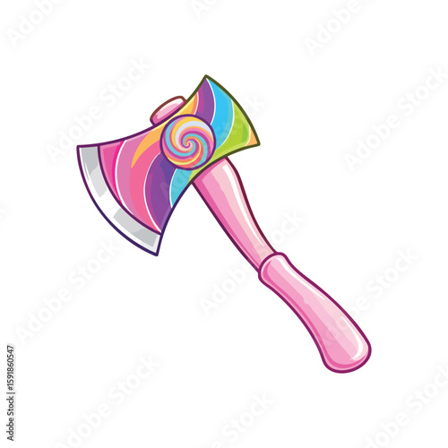 Playful Rainbow Lollipop Axe. A vibrant multicolored chopper adorned with a sweet confectionery swirl. This delightful implement combines fantasy and fun, symbolizing unexpected contrast.
