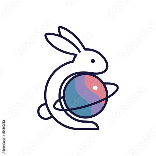 Bunny and Cosmic Orb Design. A gentle lagomorph embraces a vibrant celestial sphere with orbiting rings. This artistic representation conveys harmony, nature, and cosmic connection.