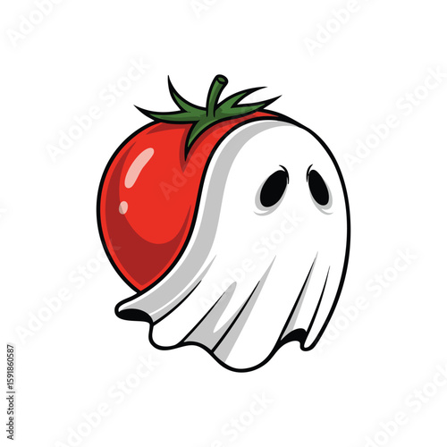 Ghostly Tomato Character. A vibrant red vegetable adorned with a playful white spectral figure. This whimsical design embodies surprise, fun, and a clever disguise.