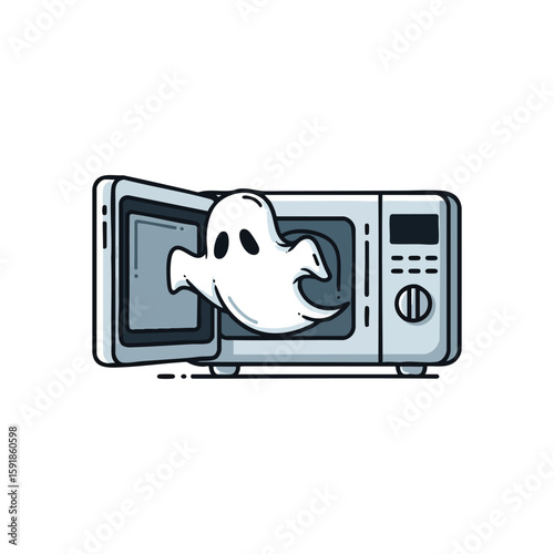 Ghosty Microwave Surprise. A whimsical spectral entity unexpectedly appears from a domestic heating appliance. This illustration captures a playful moment of an otherworldly visitor in a kitchen.