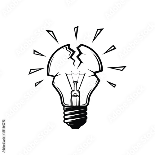 Shattered Idea Lightbulb. Illustrates a fractured incandescent lamp, symbolizing a failed concept or problem. Perfect for themes of challenge, disruption, and solutions.
