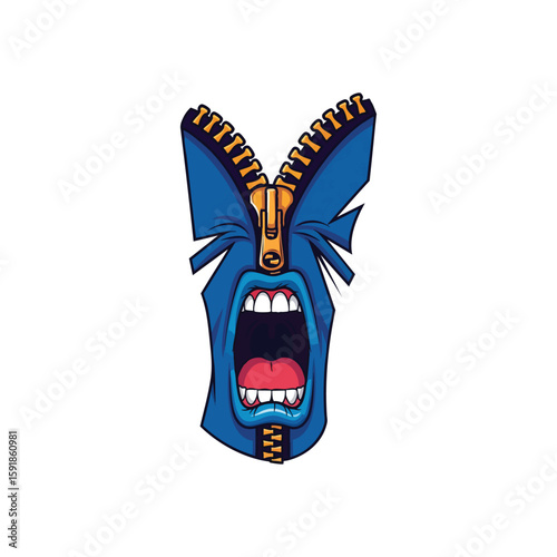 Screaming Zipper Face. Vibrant illustration of an unfastened garment closure revealing a wide open, vocalizing mouth. Captures intense emotion, expressing release or outburst.