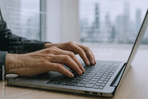 Person typing on a laptop computer with code on screen for programming or technology work purpose.