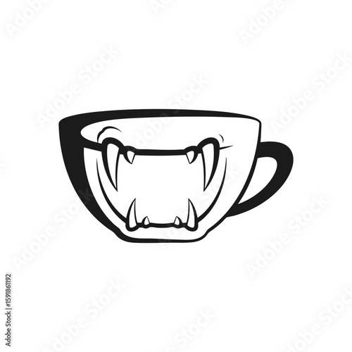 Vampire Coffee Mug Fangs Design. Monochrome illustration of a beverage vessel displaying intimidating teeth. Conveys dark energy, ideal for spooky themes or a stimulating morning ritual.
